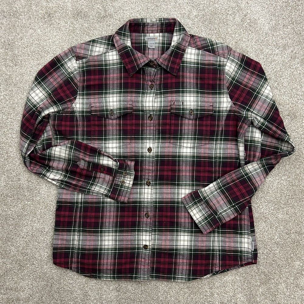 Carhartt Girls Youth Large 12-14 Plaid Long‎ Sleeve Flannel Shirt READ